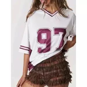 여름 패션 캐주얼 여성 번호 97 프린트 v 넥 반팔 티셔츠 티 야구 유니폼 스트라이프 오버 사이즈 스포츠