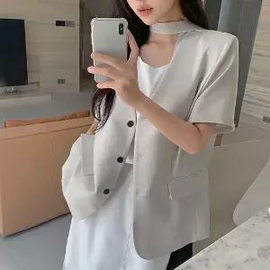 핫핑 [하객룩/허리잘록][LOVB] L-1477 노카라 싱글 반팔 자켓+타이set