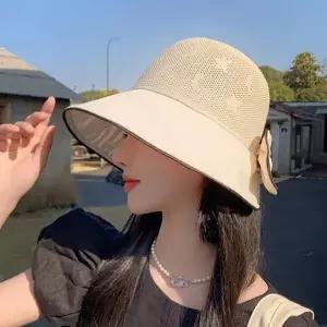 여자 빅 미우 리본 포인트 와이드챙 햇빛 오픈 라피아