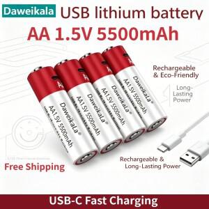 휴대용 1.5V AA 5500mAh USB 충전식 리튬 배터리, 장난감, 키보드, MP3 및 온도계용 전원