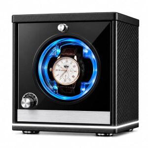 자동 시계용 ANVERION WATCH WINDERS 4가지 회전 모드와 파란색 앰비언트 라이트가 있는 WINDER BOX - 조용한 모터가 싱글 워치 USB 전원 어댑터 남성용 선물