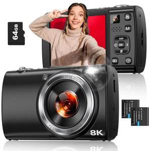 사진 촬영용 8K 디지털 카메라 전면 후면 렌즈 오토포커스 16배 줌 플래시 터치스크린 64GB 카드 배터리 2개(블랙)가 장착된 유튜브용 8800만 화소 WIFI 브이로그