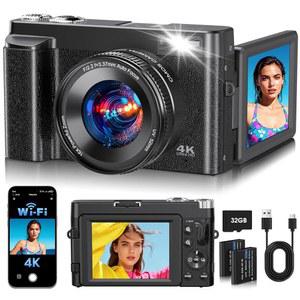 4K 사진용 디지털 카메라 2026년 최신 WIFI 64MP 브이로그 카메라(180 플립 스크린 자동 초점 흔들림 방지 16배 줌 컴팩트 여행용 32GB 카드 배터리 2개 블랙)