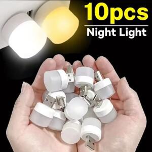 5-50개 USB 무드등 미니 LED 수면등 플러그 램프 보조배터리 충전식 북 라이트 원형 등 시력보호