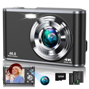 4K 디지털 카메라 전면 및 후면 듀얼 렌즈가 장착된 48MP 오토포커스 셀카 32GB 카드 배터리 2개 줌 16배 초보자를 위한 컴팩트 여행 브이로그 비디오 카메라(딥 블랙)