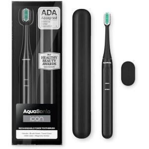 AQUASONIC ICON ADA 승인 충전식 칫솔 케이스 | 자석 부드러운 미세 및 슬림 2가지 스마트 모드 여행용 타이머 칫솔질 진동(오닉스) 홀더