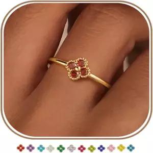KAERUN 클로버 탄생석 여성용 금반지 14K 금도금 스태커블 엄지반지 Dainty Clover CZ 보석금 생일 선물용
