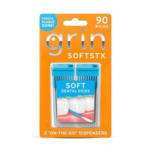 GRIN SOFTSTX, 젠틀 덴탈 픽, 90개, 민트 유연한 케이스, 맛, 위생 제거 교정기, 사이용, 플라크 가능한 치아 브릿지 부드럽고 이쑤시개, 및 칫솔모, 리필 임플란트용 있는 질감
