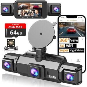4채널 대시캠 전면 후면 캐빈 360 대시 카메라 차량용 나이트 비전 8 IR 램프 다운로드용 5G WiFi G-센서 64GB 카드 장착 시 24시간/7 주차 모드 256GB 최대 지원