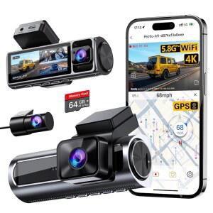 나노비 4K 3채널 대시캠 전면 후면 인사이드 내장 5.8GHz WiFi GPS 64GB 카드 포함 4K+1080P+1080P 차량용 대시 카메라 3.18인치 IPS 화면 대시캠(G-센서 포함) 24시간 주차 모니터