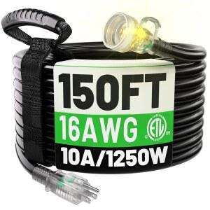 POWGRN 150FT 16 3 야외 연장 코드 방수 유연한 3가지 갈래 방한 10AMP 1250W 블랙 ETL