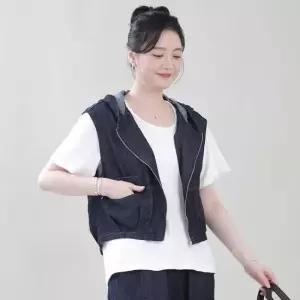 애비뉴투지 엄마옷 후드 생지 데님 조끼 여성 봄 가을 초여름 청 자켓 숏 지퍼 주머니 베스트 V06642