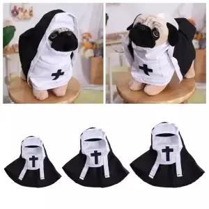 고양이 강아지 애완동물 수녀 망토 역할 놀이 부드러운 할로윈 의상 통기성 검정/흰색 코스프레 세트