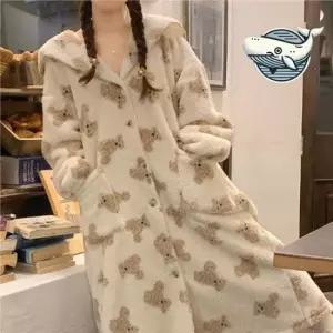 꿀벌잠옷 부드러운 곰돌이 패턴 극세사 로브 가운 홈웨어