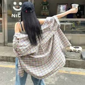 여성 봄 여름 데일리 루프핏 체크포켓 반팔 셔츠 여성셔츠 체크무늬셔츠 롱남방