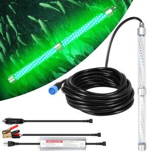 HUSUKU FS0-2 LED 수중 낚시 조명, 그린 크래피 물고기 110V 잠수정 IP68 코드 램프 및 오징어 빛나는 16.4FT 새우용 탐지기, 스누크 유인기, 200W 나이트 16인치 20,000LM 12V