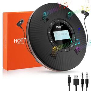 HOTT 휴대용 CD 플레이어 내장 4 스피커 블루투스 5.3 안티 스킵 플레이어 FM 송신기 A-B 반복 AUX 케이블 충전식 1800MAH 소형 차량용