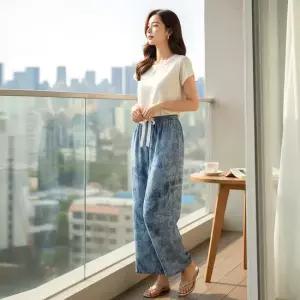 비욘드스타일 제니아 여름 리본 패턴 와이드 쿨바지 1009417