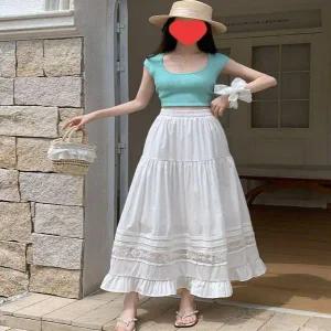 [하프클럽/]레이스 디테일 여리여리 청순한 캉캉 롱스커트 3컬러 여성 밴딩