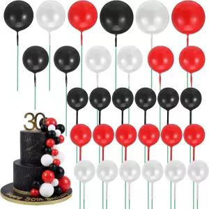 30Pcs 볼 케이크 토퍼 장식 - 결혼식 생일 파티를 위한 폼 추천 레드 블랙 화이트 컵케이크