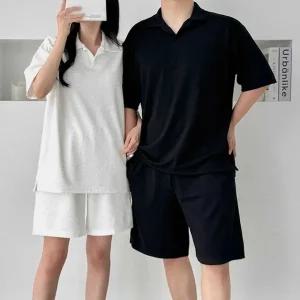 남녀공용 테리 타월 루즈핏 카라 반팔 반바지 세트 (WFJ7CJ8)