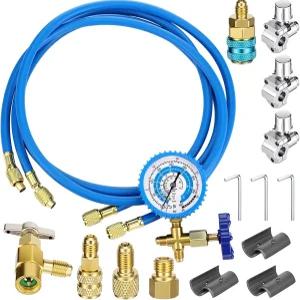 게이지가 있는 머더 R410A 충전 호스 키트 R134A R22 AC 냉매 59 천공형 캔 앤 셀프 씰링 어댑터 퀵 커플러
