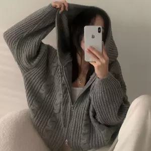 여성 루즈핏 꽈배기 패턴 니트 후드 집업 후드티 업티
