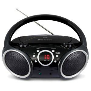 AM/FM 스테레오 라디오 보조 라인인 헤드폰 잭 탑 로딩 디스크 플레이어 AC 또는 배터리로 구동되는 접이식 핸들(그레이 림 포함 검은색)이 있는 노래하는 우드 SBX030C 휴대용 CD 플레이어 붐박스