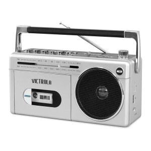 카세트 플레이어 레코더 및 AM / FM 라디오 실버가 포함된 빅트롤라 VBB-25-SLV 미니 블루투스 붐박스