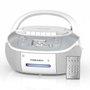 카세트 플레이어가 장착된 TOMASHI 휴대용 CD 플레이어 붐박스 - AM FM 라디오 테이프/CD 녹음 USB/SD 입력 레트로 스테레오 사운드 듀얼 AC/DC 전원 리모컨 및 백라이트 LCD 가정용 캠핑용 선물용 (CD-860A)