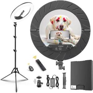 18인치 링 라이트 키트 55W6700k 디밍 가능 LED 삼각대 스탠드 리모컨 박스 CRI95 블랙