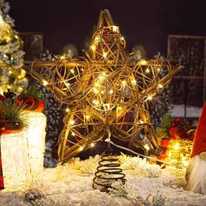 라탄 내추럴 스타 크리스마스 트리 탑 - 실내 장식을 위한 50개의 따뜻한 LED 조명이 있는 소박한 농가
