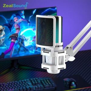 Zealsound RGB USB 게임용 마이크, 관절 암 포함, 흰색 컴퓨터 콘덴서 마이크, PC Mac 녹음 팟캐스팅 스트리밍용