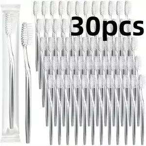 개별 포장된 일회용 여행용 칫솔 30개 부드러운 칫솔모 성인 및 청소년용 캠핑 호텔 손님용 세면도구(실버)