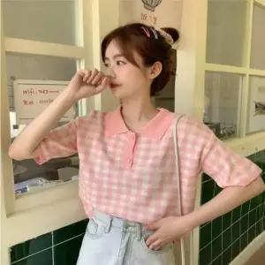 [에이치플러스몰]니트 반팔 티셔츠 반크롭 단추 빈티지 캐주얼 여름 상의