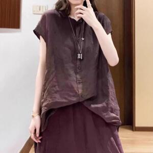 M5 여성 빈티지 린넨 반팔 셔츠 여름 슬림핏 캐주얼 미디엄 롱 얇은 면마 카디건 상의 JEN