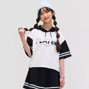 [국내당일]오션스카이 [2color]여아 테이프 장식 반팔 후드T-SHIRT 티셔츠 반팔티 셔츠 - 멀티