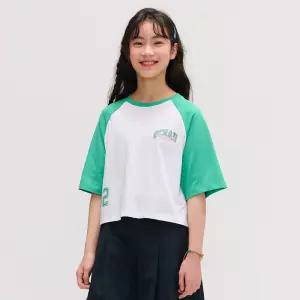 [국내당일]오션스카이 [2color]여아 크롭 라글란 배색 반팔 T-SHIRT 티셔츠 반팔티 셔츠 - 멀티