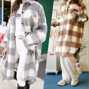 하늘바라기_여성용 코지 기모 체크 롱 셔츠자켓