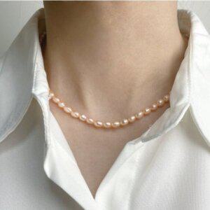 국산 4~5mm 핑크 천연 못난이 담수진주 목걸이 핑크 물진주  0488