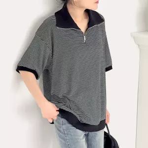 스트라이프 반집업 카라 반팔 티셔츠 스판 루즈핏 여성 빅사이즈