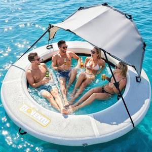 8FT Sun Chill Float Ring for Adults, Round Inflatable Floating Dock with Shade Canopy, Water Hammock Large Lake Float Platform for Adults, Floating Island for Pool Parties, Tanning and Summer Fun
