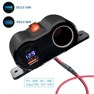 12V/24V 듀얼 QC3.0 USB  PD 타입-C 충전 포트 스위치 포함 방수 시가 라이터 소켓 자동차 오토바이 해양 R