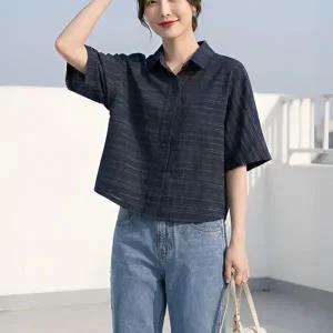 [샵앤] 여성 3XL까지 체형커버 린넨 세미크롭 반팔 셔츠 WON-WBL-WFOSIBQ
