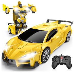 Qumcou Transform 리모컨 자동차 5세 8세 남아용 RC 버튼 변신 장난감 4GHz 360 스핀 16 스케일 플래시 헤드라이트 8세 손자 크리스마스 생일 선물