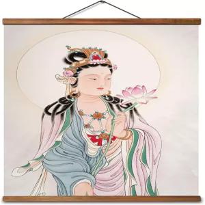 jip 벽걸이 두루마리 그림 작품 중국 불멸의 관음보살 초상화 24.02 x 15.75 인치 검은 호두나무 틀