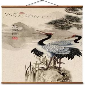 중국 공비 그림 벽 두루마리 풍경 속 학 31.89 x 15.75 인치 검은 호두나무 행거