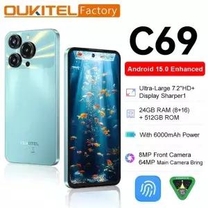 OUKITEL C69 스마트폰 안드로이드 15 7.2인치 HD 대화면 듀얼 4G 24GB(8+16)+256GB 6000mAh 64MP 메인