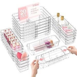 DILIBRA 20개 Clear Extendable Drawer Organizer Adjustable Storage 3-Size Desk Plastic Non-Slip Bins for Makeup Cosmetic Jewelries Utensils Stationery Dressers Tool