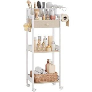 FURFUN 3 Tier Bathroom Shelf with Drawer 12.8in Large Floor Makeup Organizers Cosmetics Display Cases Holder for Hair Tool Skincare Kitchen Laundry Room Organization